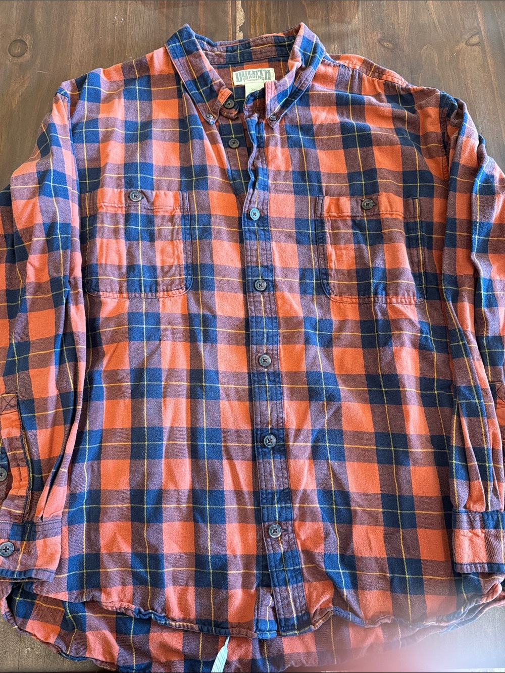 Duluth Trading Co Orange and Navy Plaid Button-Down Shirt